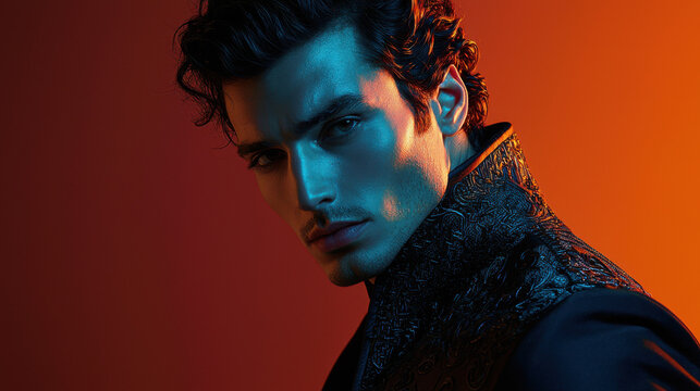 Portrait of Handsome Man with Blue and Orange Lighting