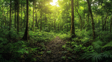 Obraz premium Lush green forest path with sunlight filtering through dense trees in the early morning