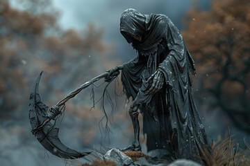 Fototapeta premium Scary grim reaper with scythe in hell on dark background with dramatic background