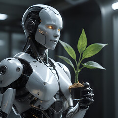 Fototapeta premium a close up of a robot holding a plant in its hand