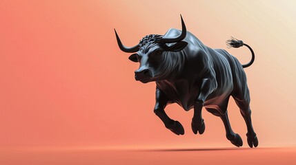 Black Bull Charging On Orange Background