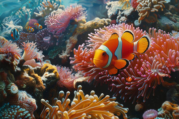 A fantastically beautiful bright clownfish swims in sea among the corals