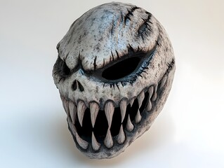 Naklejka premium Twisted and Gnarled Supernatural Spooky Halloween Mask with Jagged Teeth and Sunken Eyes 3D Rendered in Detail against White Background