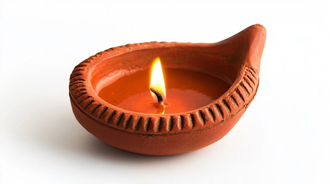 Clay Diya Oil Lamp Burning with Flame on White Background