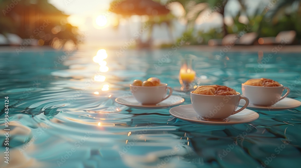 Poster A pool with three white cups floating on it