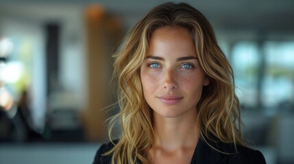 Fototapeta premium A woman with blonde hair and blue eyes is smiling for the camera