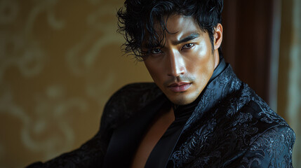 Handsome Asian Man in Elegant Black Suit