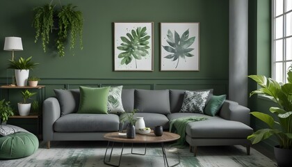 A modern living room with a gray sectional sofa, green accent pillows, and two framed wall art pieces featuring green leaves and splatter patterns against a dark green wall.