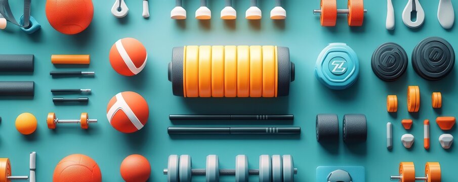 A vibrant display of fitness equipment arranged neatly on a solid background, showcasing a variety of gym tools and accessories.