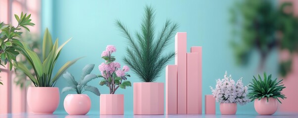 Obraz premium A vibrant display of various plants in stylish pink pots against a soft turquoise background, perfect for home decor inspiration.