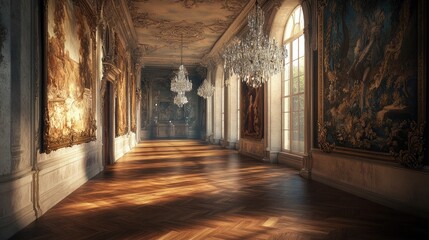 Fototapeta premium A grand hallway with vintage tapestries
