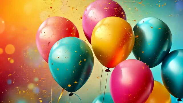 Colorful balloons float against a celebratory backdrop of confetti