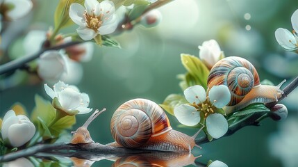 On a thin branch with green leaves, there's a lovely snail family sitting on a spring green hazy background.