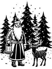 Winter Wonderland: Santa Claus with Reindeer in Snowy Forest Scene