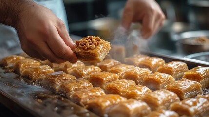 A restaurant's chef is creating baklava with almonds.