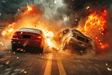 Collision of two vehicles involved in major accident on road with major damage