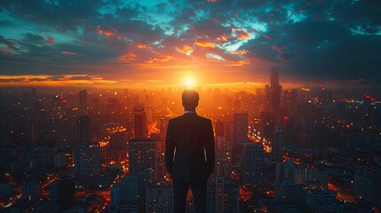A man stands in the middle of a city at sunset, looking out over the skyline