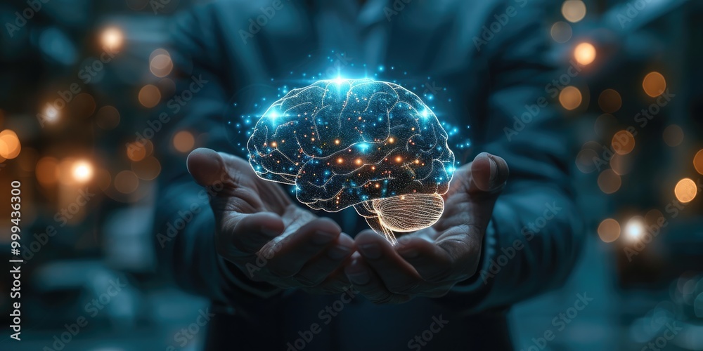 Poster businessman holding a glowing brain hologram in his hands on a dark blue background with a bokeh eff