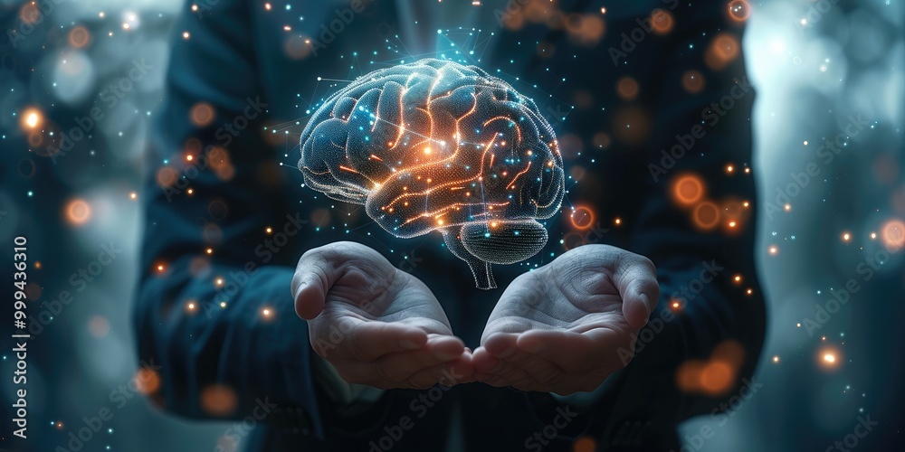 Leinwandbilder businessman holding a glowing brain hologram in his hands on a dark blue background with a bokeh eff