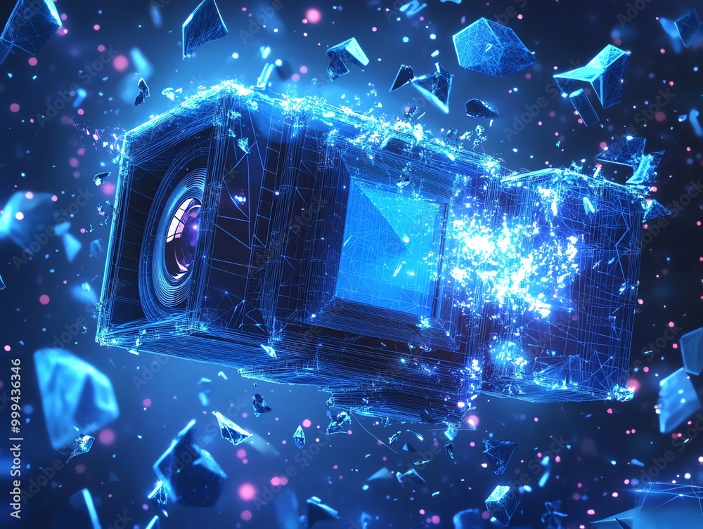Poster a 3d rendering of a digital camera made of glowing blue lines, with geometric shapes floating around
