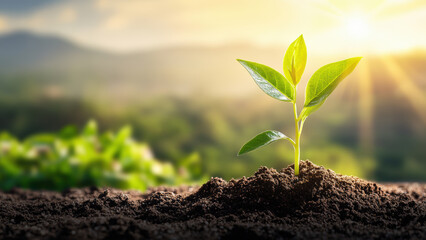 Fototapeta premium Young plant seedling emerging from soil with sunlight in the background.