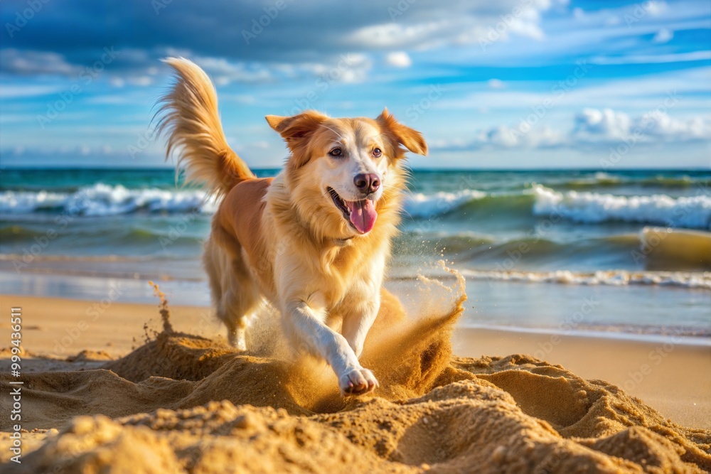 Sticker Golden retriever running happily on beach with blue sky