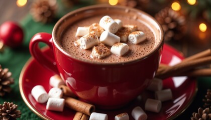 Cozy red mug of hot chocolate topped with marshmallows and cinnamon sticks for winter delight
