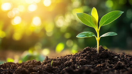 Young plant seedling emerging from soil with sunlight in the background.
