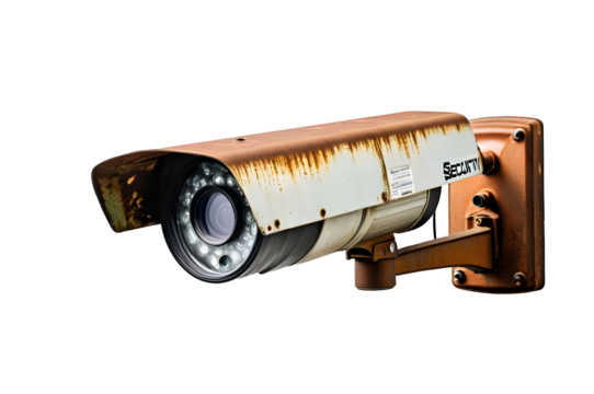 Rusty old security camera isolated on a transparent or white background.