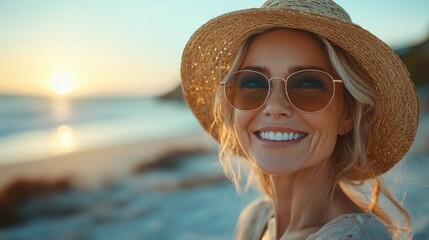 A woman wearing a straw hat and sunglasses is smiling at the camera