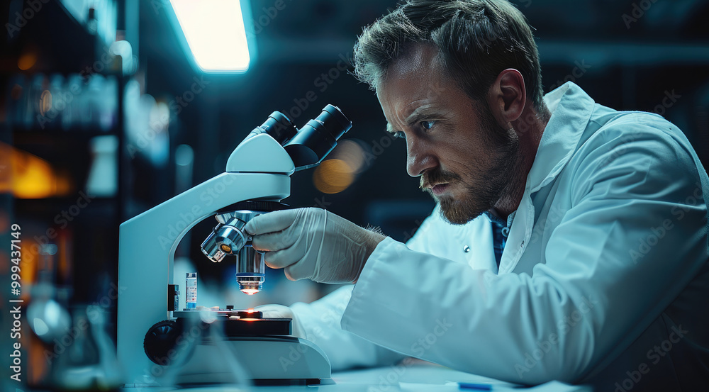 Aufkleber Scientist in a white lab coat looking into a microscope in a lab. new technologies and discoveries.