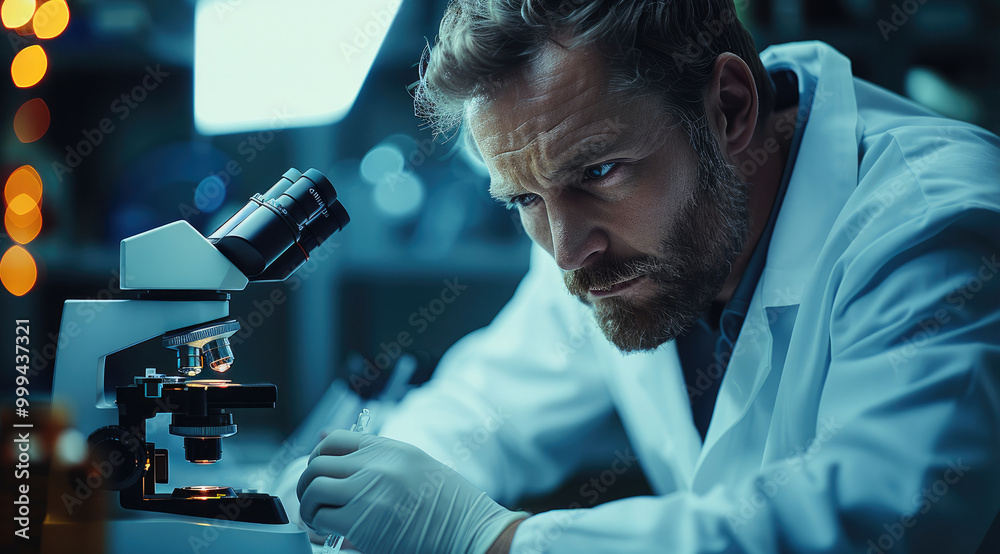 Aufkleber Scientist in a white lab coat looking into a microscope in a lab. new technologies and discoveries.