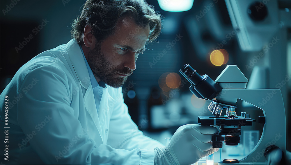 Aufkleber Scientist in a white lab coat looking into a microscope in a lab. new technologies and discoveries.