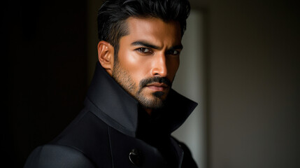 Portrait of a Handsome Man in a Black Coat