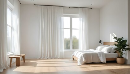 Fototapeta premium A bright and airy bedroom with large windows covered by long, white curtains. The room has a minimalist, modern design with a wooden floor and a simple bench or chair in the foreground.