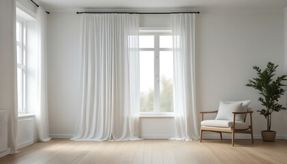 Fototapeta premium A bright and airy bedroom with large windows covered by long, white curtains. The room has a minimalist, modern design with a wooden floor and a simple bench or chair in the foreground.