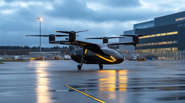 Black Electric Air Taxi on Runway at Dusk