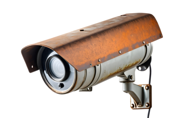 Rusty old security camera isolated on a transparent or white background.