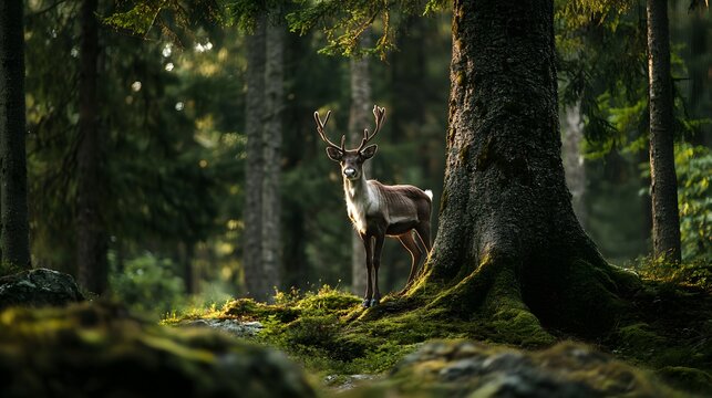 One reindeer standing at the base of a tall forest tree
