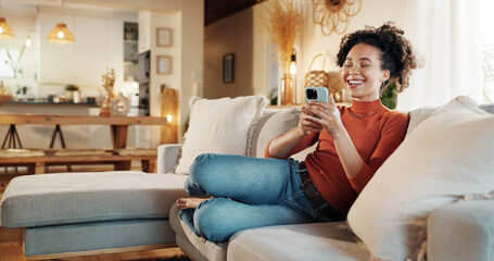 Home, relax and woman on sofa, smartphone and typing with smile, funny and social media. Apartment,...