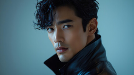 Handsome Asian man in a leather jacket