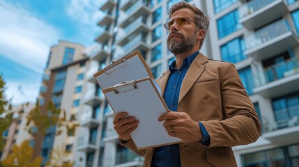 A real estate agent holding a clipboard, standing in front of a commercial property and discussing investment opportunities.