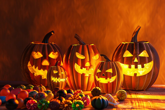 Pumpkin Lanterns Arranged on a Wooden Table with Soft Side Lighting Enhancing Their Glow &ndash; Spooky Halloween Atmosphere Created by Foreground Candies and Watercolor-Style Touch Adding Warmth and Textur