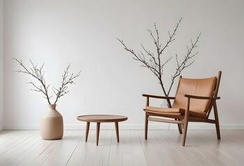 Obraz premium A minimalist living room with a wooden armchair, a low wooden coffee table, and a decorative branch in a vase on the floor.