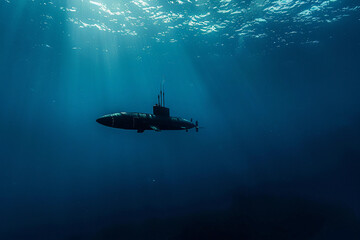 Fototapeta premium Beautiful large submarine floating in middle of ocean during mission
