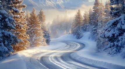 Obraz premium A snow-covered road curving gently through a forest of fir trees, their branches heavy with snow, with distant mountain peaks barely visible through the mist