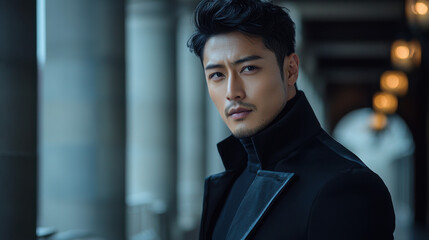 Confident Asian Man in Black Coat
