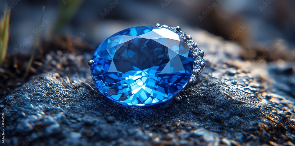 Aufkleber a close up of a sparkling blue gemstone with a silver band of diamonds set against a dark and textur