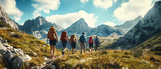 Group hiking in stunning mountain landscape