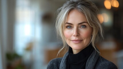 Obraz premium A woman with blonde hair and blue eyes is smiling for the camera